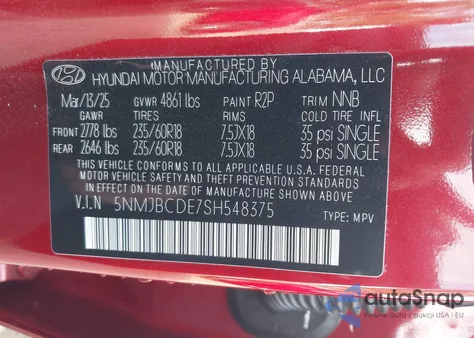 2025 Hyundai Tucson Sel z USA, uszkodzony, nr VIN 5NMJBCDE7SH548375